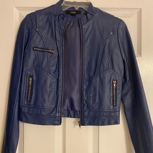Blue Pleather Crop Bomber Jacket